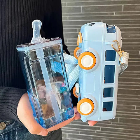 'Bus Shape Unique Water Bottle With Straw - 600 ML